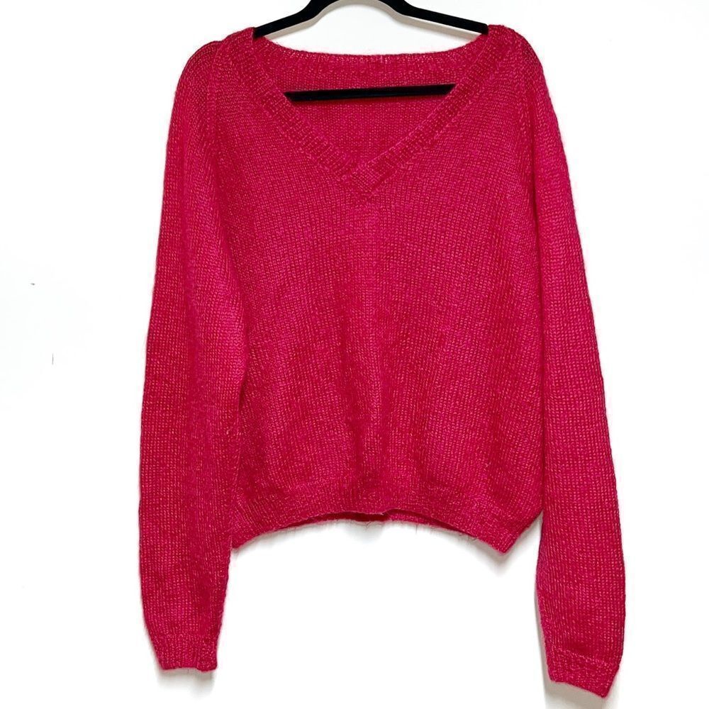 New Luxurious Handknit Alpaca V Neck Cranberry Color Sweater Womens Sz L/XL